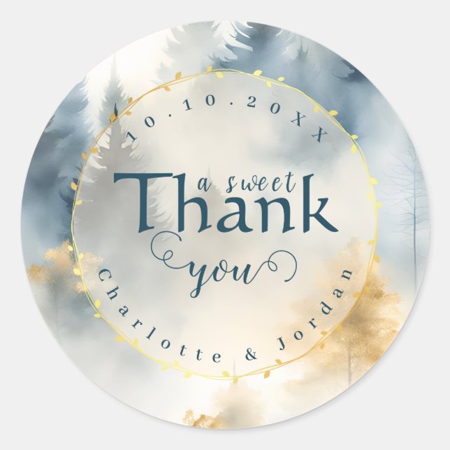 Sticker Rond Blue Winter Pine Tree Forêt Mariage Merci (Devant)