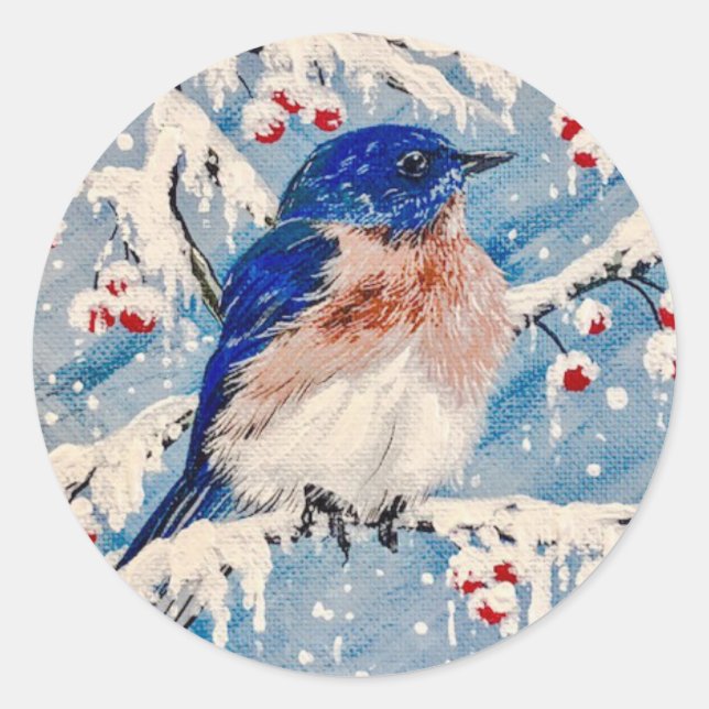 Sticker Rond Bluebird in Berries & Snow ❄️ ❄️ ❄️ (Devant)