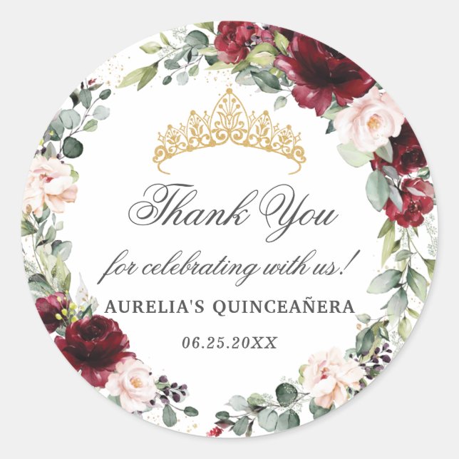Sticker Rond Blush Burgundy Quinceañera Merci Favoriser (Devant)