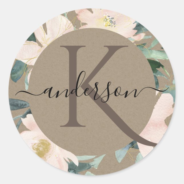 STICKER ROND BLUSH DORÉ RUSTIQUE MONOGRAMME FLEURI A L'AQUARELL (Devant)