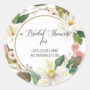 Sticker Rond Blush Floral Blanc Magnolia Aquarelle Twig Feuille