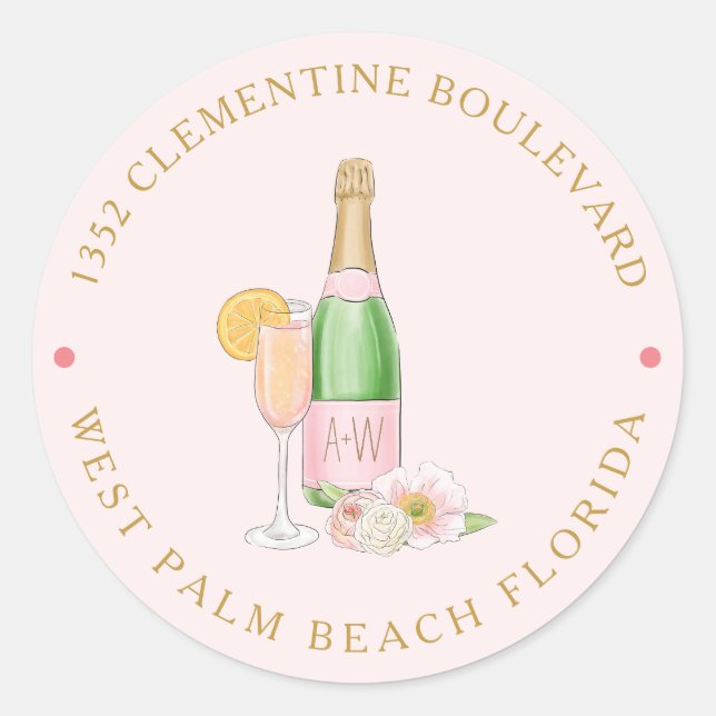 Sticker Rond Blush Floral Champagne Réception de Mariage Adress (Devant)