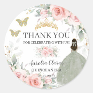 Sticker Rond Blush Floral Sage Vert Or Quinceanera Sweet 16