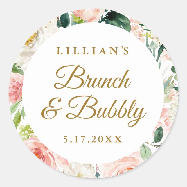 Sticker Rond Blush Gold Floral Brunch Et Bubbly (Devant)