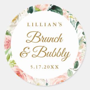 Sticker Rond Blush Gold Floral Brunch Et Bubbly