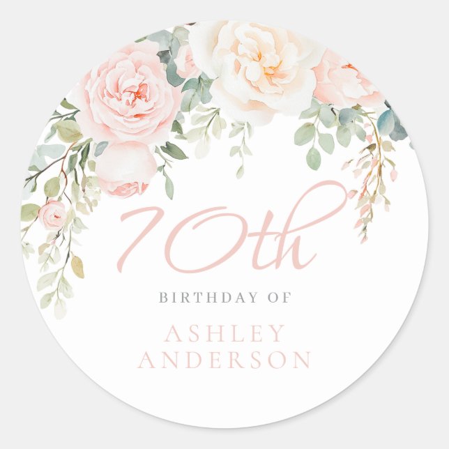 Sticker Rond Blush & Ivory Flowers 70e anniversaire fête (Devant)