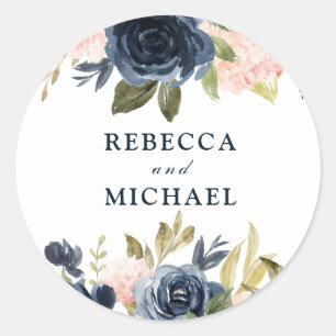 Sticker Rond Blush & Navy Flowers Mariage ou partie d'engagemen