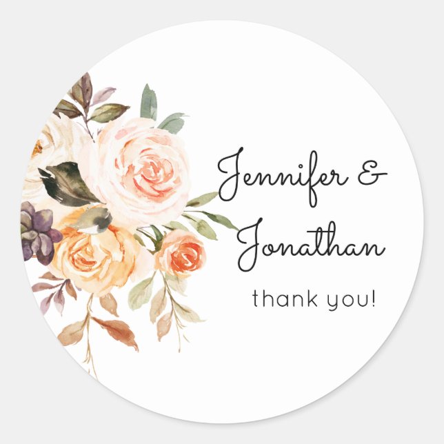 Sticker Rond Blush & Peach Rustic Floral Merci (Devant)
