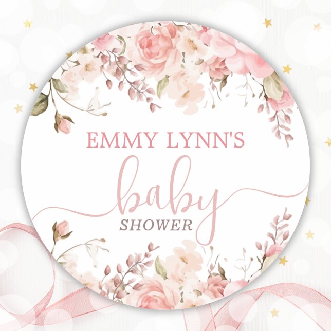 Sticker Rond Blush Pink Baby In Bloom Baby Shower  (Blush Pink Baby In Bloom Baby Shower Classic Round Sticker)