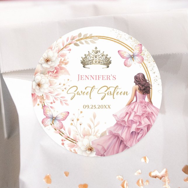 Sticker Rond Blush Pink Gold Princess Tiara Floral Sweet 16 (Créateur téléchargé)