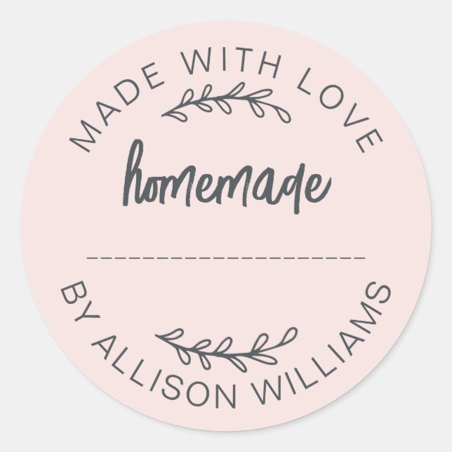 Sticker Rond Blush Pink Script Made With Love Homemade Food Jar (Devant)
