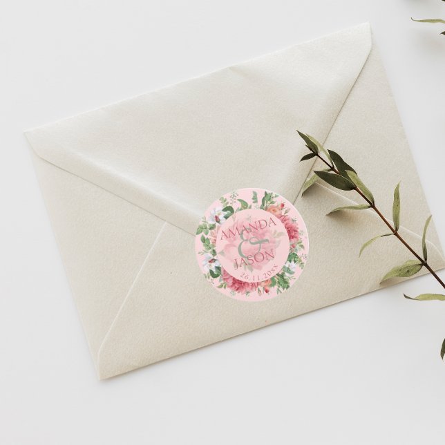 Sticker Rond Blush rose blanc Joli Floral mignon Mariage (Blush Pink White Pretty Floral cute Wedding Classic Round Sticker)