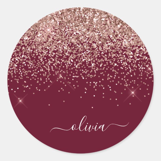 Sticker Rond Blush rose burgundy monogramme pailleté or rose (Devant)