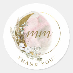 Sticker Rond Blush Rose Doré Monogramme Aquarelle Céleste