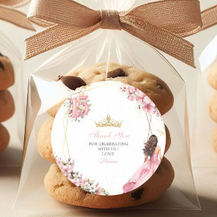 Sticker Rond Blush Rose Floral Doré Quinceañera Merci
