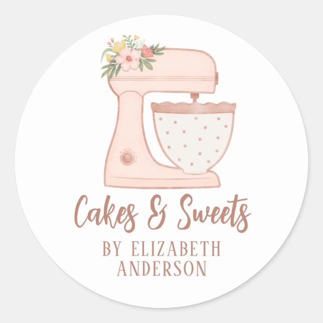 Sticker Rond Blush Rose Floral Gâteau Mixer Boulangerie Restaur (Devant)