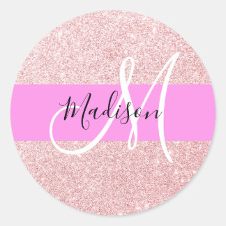 Sticker Rond Blush Rose Glitter Monogramme Rose Doré Pailleté