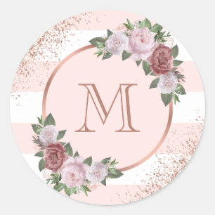 Sticker Rond Blush Rose Gold Floral Monogramme