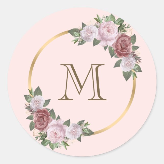 Sticker Rond Blush rose gold floral monogramme initiale (Devant)