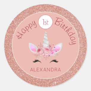 Sticker Rond Blush Rose Rose Gold Parties scintillant Unicorn 1