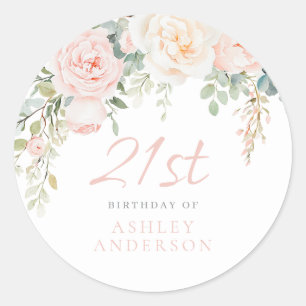 Sticker Rond Blush & Sage Floral Girls 21e fête d'anniversaire
