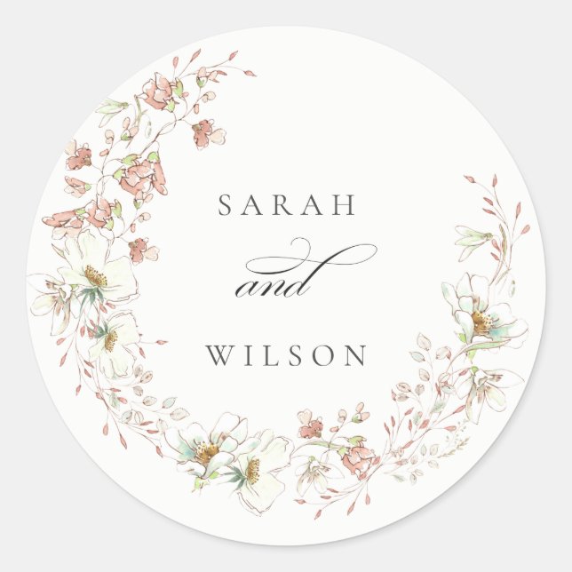 Sticker Rond Blush White Rustic Meadow Floral Wreath Mariage (Devant)
