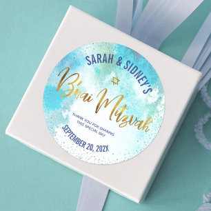 Sticker Rond B'nai Mitzvah Gold Script Turquoise Aquarelle