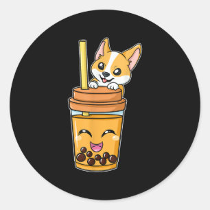 Sticker Rond Boba Tapioca Perles Bubble Lait Thé Boire Corgi