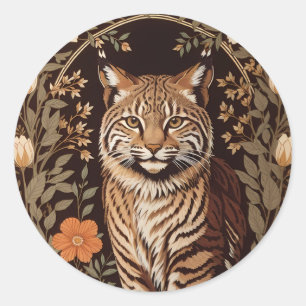 Sticker Rond Bobcat élégant sur fond floral marron