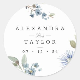 Sticker Rond Bohème Bleu Botanique Mariage d'aquarelle