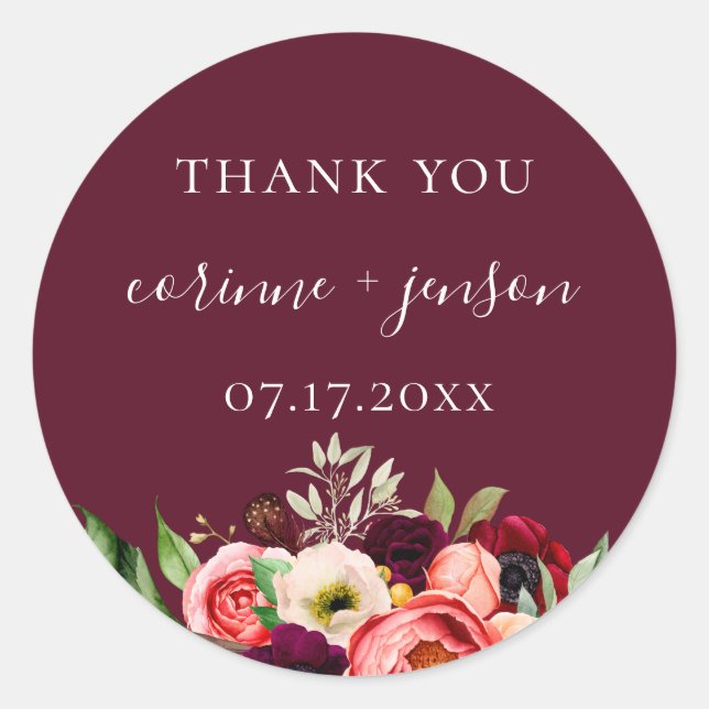 Sticker Rond Bohème fleurit Bourgogne Mariage Favoriser (Devant)