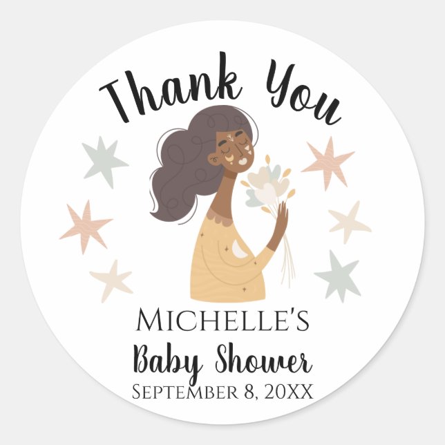 Sticker Rond Boho à peau Brown femme merci coeurs fleurs (Devant)