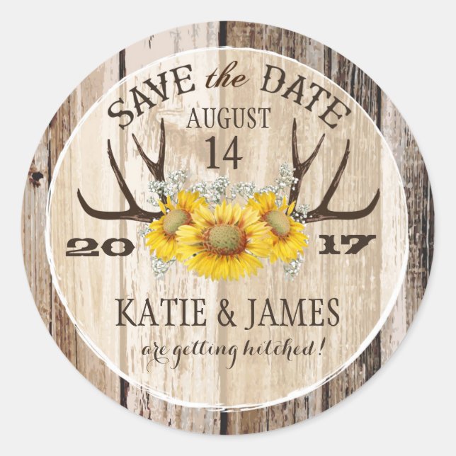 Sticker Rond Boho Antler Sunflower Wood Enregistrer la date (Devant)