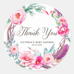 Sticker Rond Boho Aquarelle Peonies roses Merci de couronne