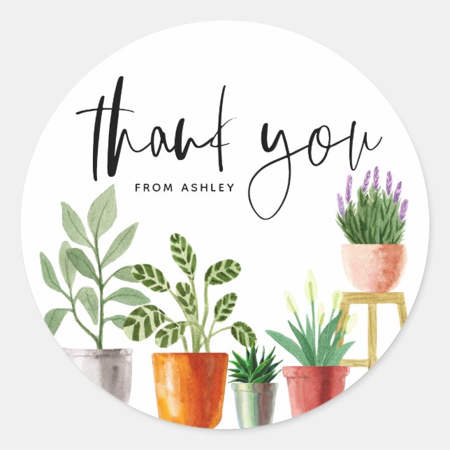 Sticker Rond Boho Aquarelle Poted Houplant Merci (Devant)