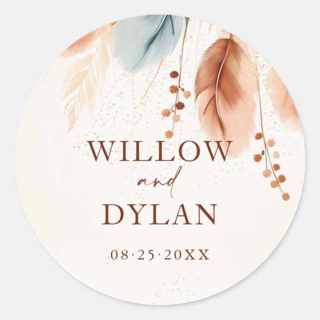 Sticker Rond Boho Aquarelle Terracotta Beige Bleu Pampas Gris (Devant)