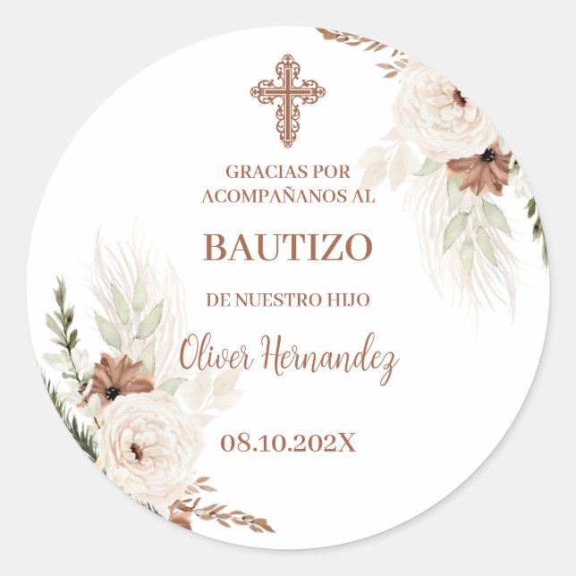 Sticker Rond Boho Baptême espagnol Invitation (Devant)