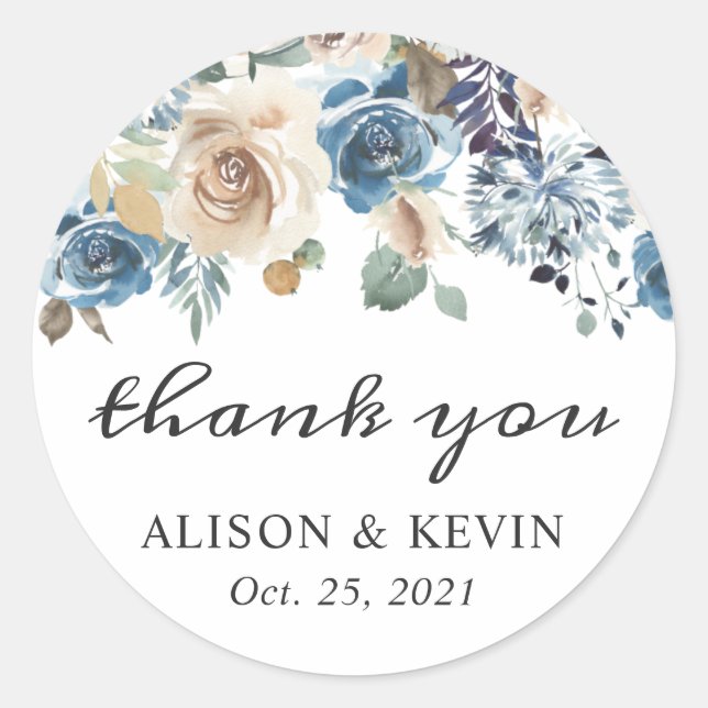 Sticker Rond Boho Bleu Poussière Beige Floral Rustique Merci (Devant)