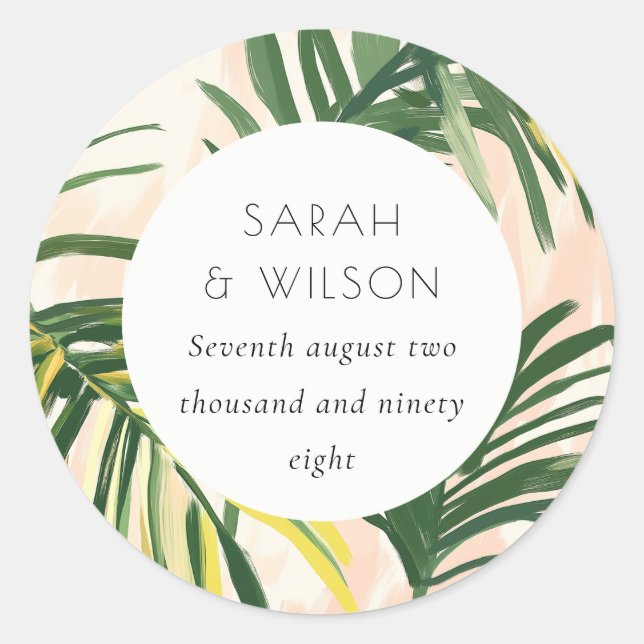 Sticker Rond Boho Blush Green Tropical Palm Beach Mariage (Devant)