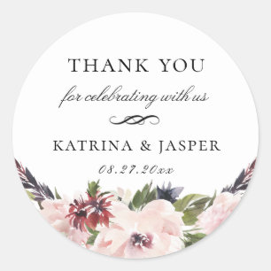 Sticker Rond Boho Blush Plum Floral Wedding Favoriser