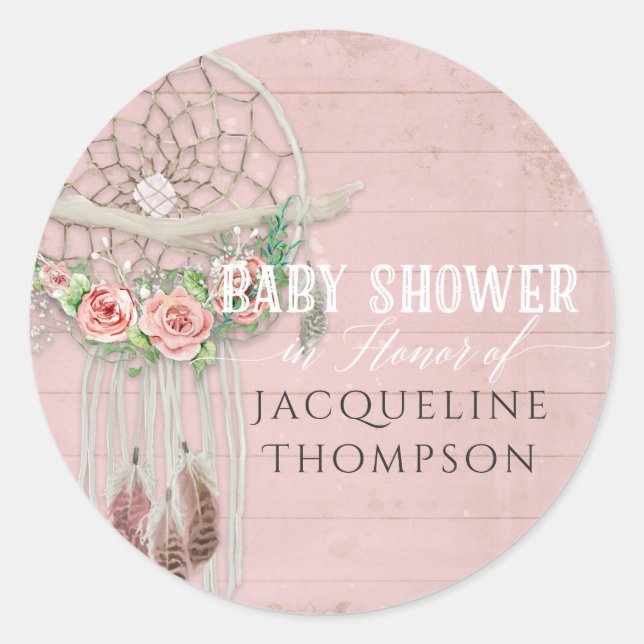 Sticker Rond BOHO Bohemian Dream Catcher Baby shower fille Rose (Devant)