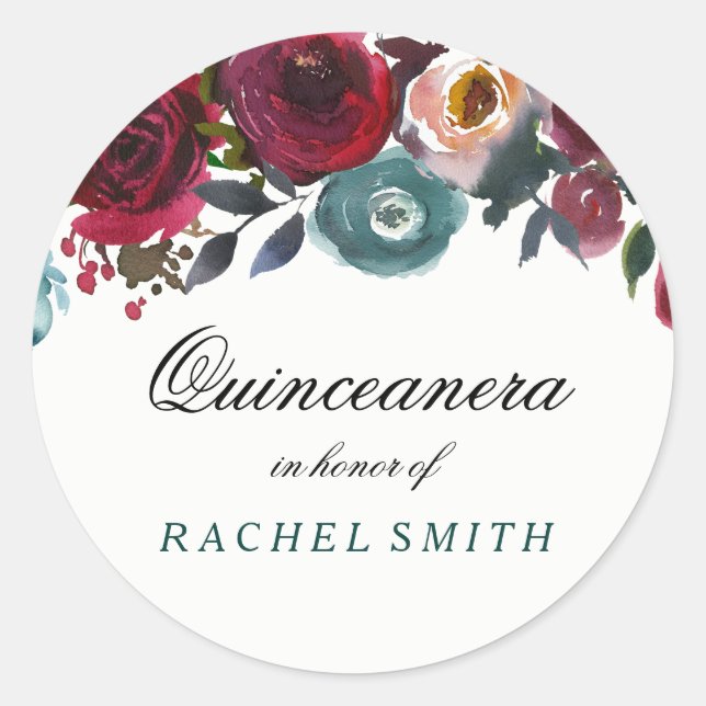 Sticker Rond Boho Bordo Bourgogne Fleurs rouges Quinceanera (Devant)