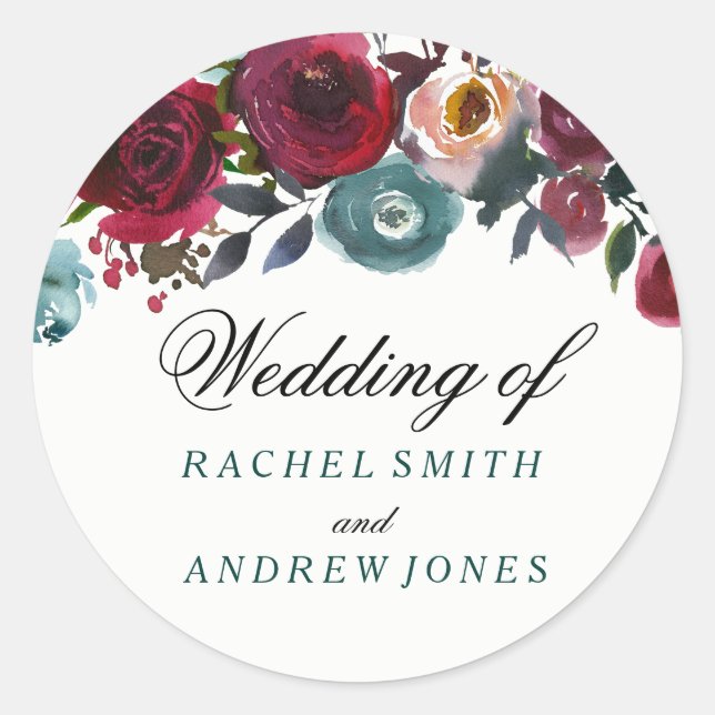 Sticker Rond Boho Bordo Bourgogne Mariage des fleurs rouges (Devant)