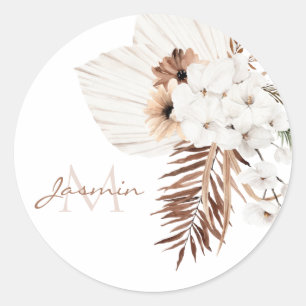 Sticker Rond Boho Brown Pampas Grass Orchidées Blanches Monogra