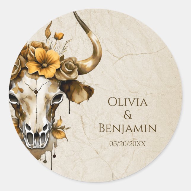 Sticker Rond Boho Chic Aquarelle Floral Vache Mariage crâne (Devant)