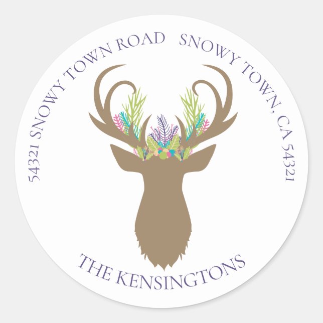 Sticker Rond Boho Christmas Reindeer Lavender Adresse Turquoise (Devant)