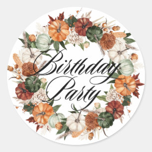 Sticker Rond Boho Citrouille Wreath Automne fête d'anniversaire