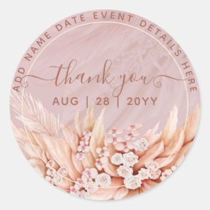 Sticker Rond Boho Dusty Rose Pampas Grass Merci Favoriser Clas