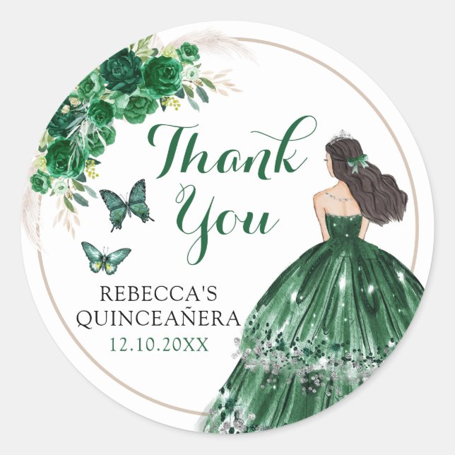 Sticker Rond Boho Emerald Green Quinceañera Merci (Devant)