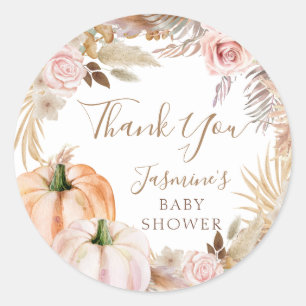 Sticker Rond Boho Fall Floral Citrouille Baby shower classique